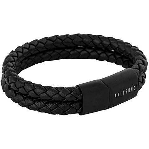 Akitsune Simplicitas Leather Bracelet | Magnetic Link Bangle Trinket Premium Women Men Braided Handmade Bracelet - Matte Black 18cm Cover