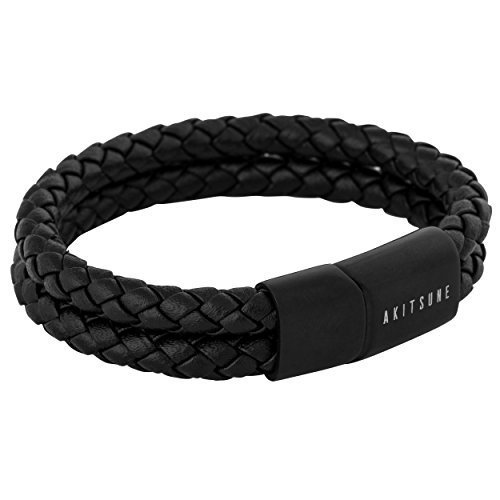 Preisvergleich Produktbild Akitsune Simplicitas Lederarmband / Magnetisch Premium Armschmuck Frauen Herren Geflochten Männer Handgefertigt Armband - Mattschwarz 20cm
