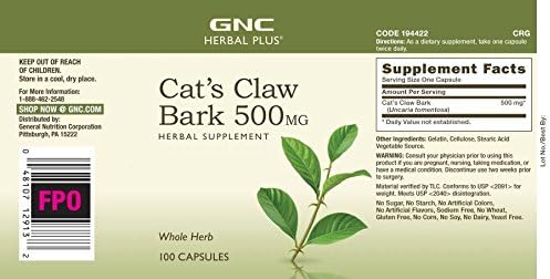 GNC Herbal Plus Cat's Claw Bark 500mg, 100 Capsules, Immune Support