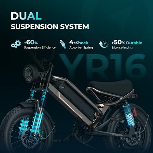 Image of Jasion YR16 Electric Bike for Adults Teens, 1000W Peak Motor & 48V 12.5AH Battery Electric Bicycle, 16 inch Fat Tire Dirt Bike with Dual Suspension & Cruise Control, 55 Miles EBike Fit Teenagers