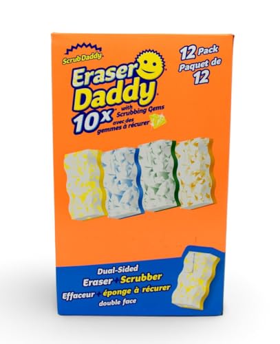 Image of Scrub Daddy - Eraser Daddy with Scrubbing Gems Dual-Sided Scrubber and Eraser, Lasts 10x Longer Than Ordinary Melamine Erasers, Water Activated, Ergonomic, Pack of 12, Includes 4 Colors