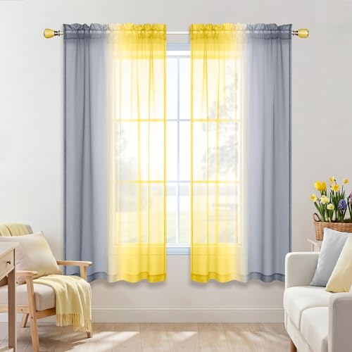 KOUFALL Lot de 2 Rideaux Transparents Jaunes de 160 cm de Long pour Chambre à Coucher, Rideaux Jaunes et Gris ombrés avec Passe-Tringle pour Chambre de...