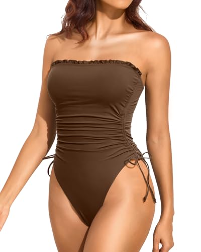 Image of Yonique Women Strapless One Piece Swimsuit Tummy Control Bandeau Bathing Suit Cheeky Swimwear