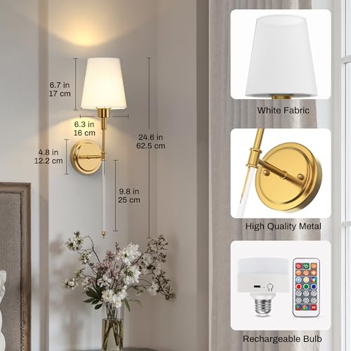 Image of DORESshop Battery Operated Wall Sconce Set of 2, Wall Light Wireless Easy to Install, Dimmable and Adjustable Sconce Wall Decor, Rechargeable Wall Lamp for Bedroom, Living Room, Gold and Glass 24.6in