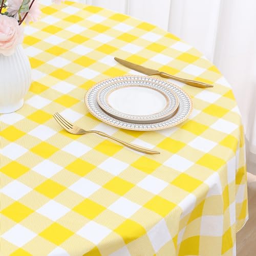 Image of misaya Round Waterproof Vinyl Table Cloth, Buffalo Flannel Backed Tablecloth, Wipeable Plastic Table Cover for Dinner, Kitchen, Picnic (60 inch, Yellow and White)