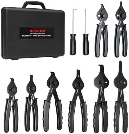 WISEUP 10-Piece Snap Ring Pliers Set, Heavy Duty Internal/External Circlip Pliers Kit with Straight Bent Pliers Hook an Pick, Straight/Bent Jaw Tips for C-Clip Ring Remover with Storage Case