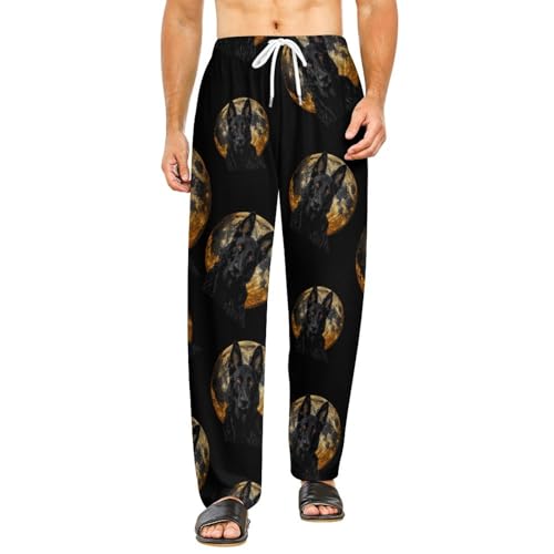 Black German Shepherd Moon Pajama Bottoms Lounge Pants Elastic Waistband Sleepwear Lounge for Men Women
