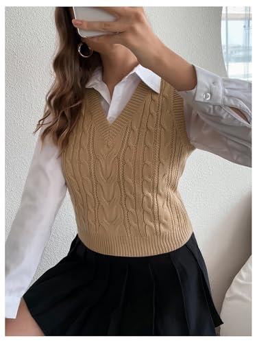 Image of Milumia Women's Cable Knit V Neck Sweater Vest Sleeveless Ribbed Crop Tank Top