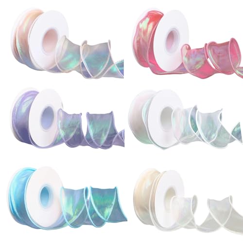 6 rollos de cinta de gasa iridiscente con cola de pez, banda ondulada de 40 mm de ancho para envolver regalos, ramo de boda, decoración de pasteles, lazos para el pelo y adornos de manualidades