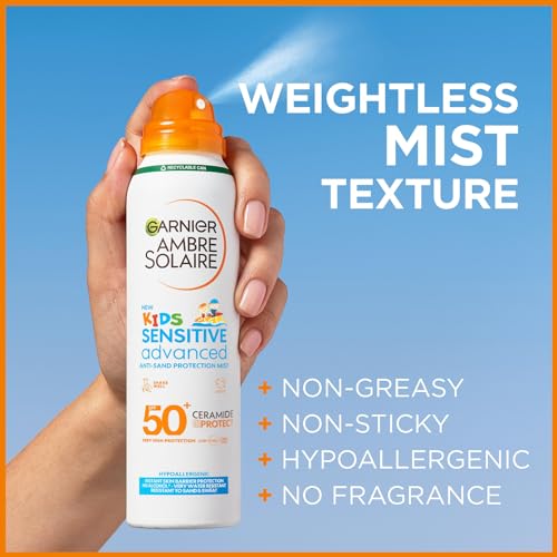 Garnier Ambre Solaire SPF 50+ Kids Anti-Sand Mist, Children's Sun Protection Spray, Non-Greasy and Fast-Absorbing, Water- and Sand-Resistant, Hypoallergenic, Sensitive Advanced, 150 ml - Image 3