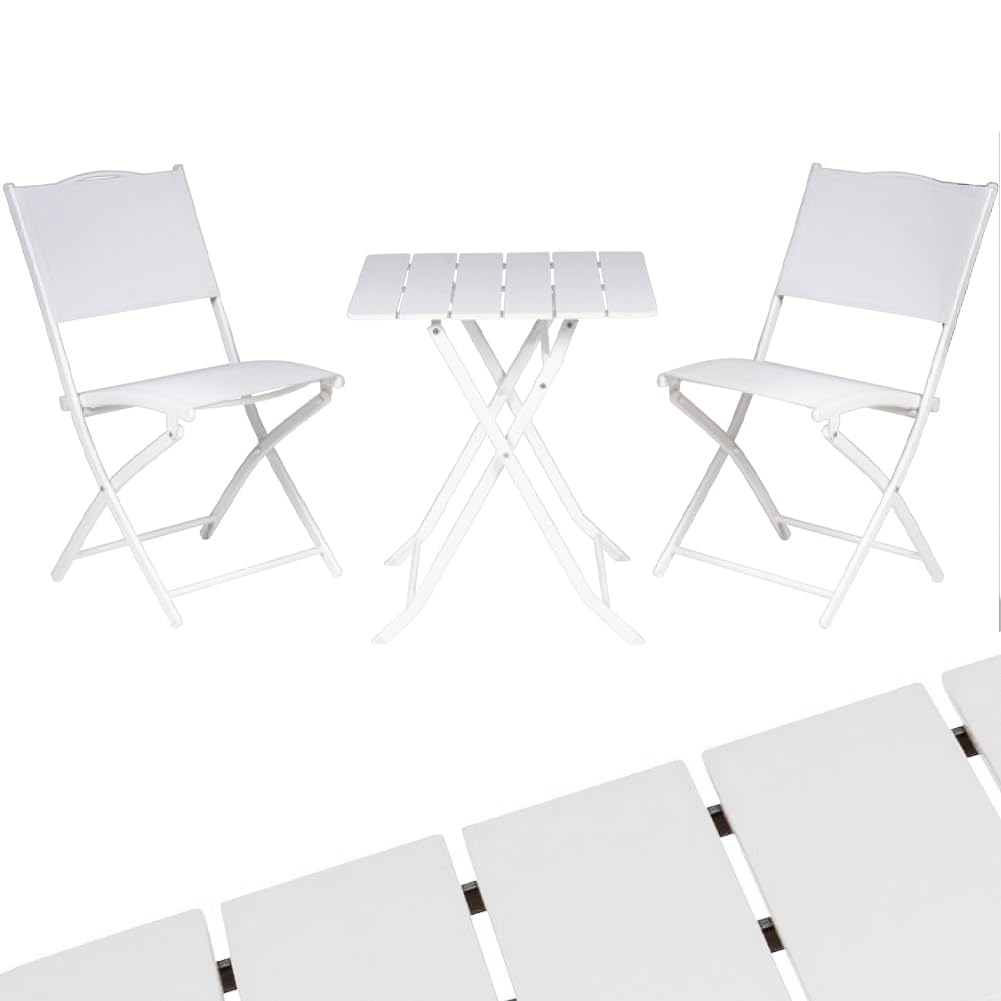 BAKAJI Set Tavolo Pieghevole con 2 Sedie Rivestimento in Textilene, Arredo Giardino Richiudibile con Struttura in Acciaio e Tavolino PE Effetto Legno, Esterno, Patio, Balcone, Resistente UV (Bianco)