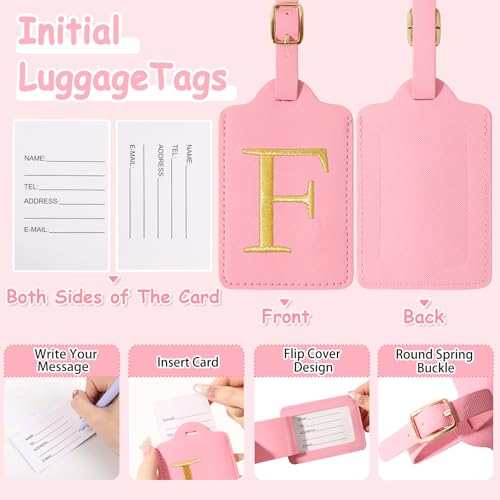Image of Initial Letter Luggage Tags for Suitcases, Embroidered Monogrammed Suitcase Luggage Identifier Name Tag, PU Leather TSA Approved Luggage Tags, Bag Tags for Men Women Kids Luggage Handbags(Pink F)