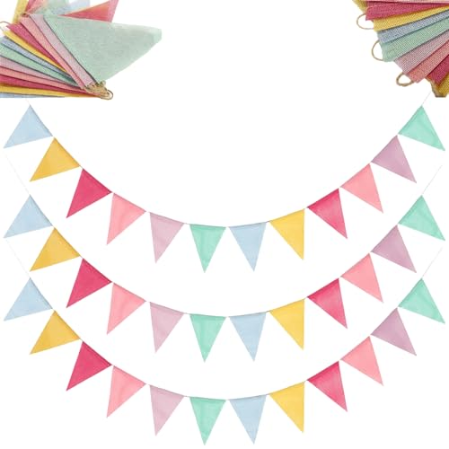 3 Stück Wimpelkette Outdoor Wetterfest,Bunt Geburtstag Party Stoff Wimpel Girlande Deko Garten Schulkind Einschulung Bunte Girlanden Leinen Wimpelgirlande für Gartenparty Kindergeburtstag Schulanfang