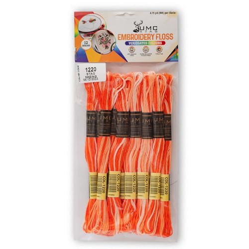 Image of Pack of 12 Premium Embroidery Thread | 100% Egyptian Cotton Premium Skeins | Cross Stitch Embroidery Floss | Oeko TEX Certified | Ideal for Arts & Crafts (Orange Variegated 1220)