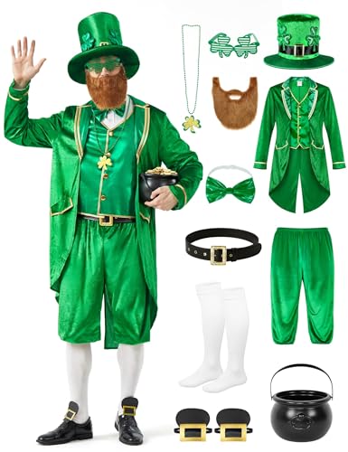 Wabolay St Patricks Day Leprechaun Costume Men 11PCS Green Irish Shamrock Outfit Adult Saint Patricks Party Suit Set Cosplay