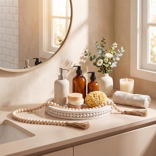 Mumufy 2 Pcs Farmhouse Round Tray Decor Set, 12" White Washed Beaded Round Wood Tray with 58" Long Beaded Garland for Coffee Table, Living Room, Entryway & Kitchen Island, Includes Bead Garland by Mumufy - Used condition - Image 7