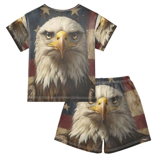 ALAZA Retro American Flag Bird Pajamas Set Short Sleeve Cotton Sleepwear Summer Pjs 2 Piece 5-14Y2
