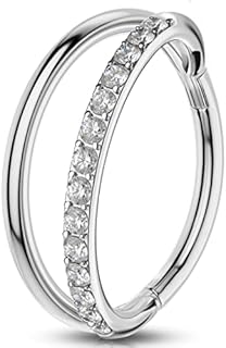OUFER Cartilage Helix Earring Hoop 16G Orbital Conch Ring Tragus Daith Piercings Jewellery CZ Rook Snug Double Line Hinged Surgical Steel Septum Clicker Silver Nose Ring, 8/10/12mm