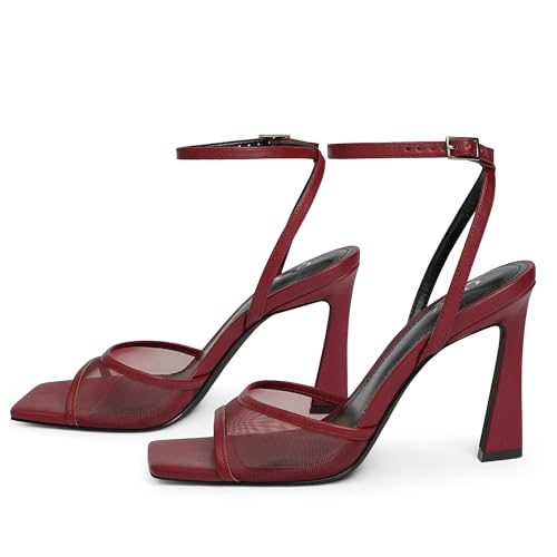 Image of QIY Heeled Sandals Mesh Burgundy Heels for Women Ankle Strap Strappy Heels Stiletto High Heel Square Open Toe Heel 3 Inch Summer Dress Shoes Burgundy Sandals Size 11