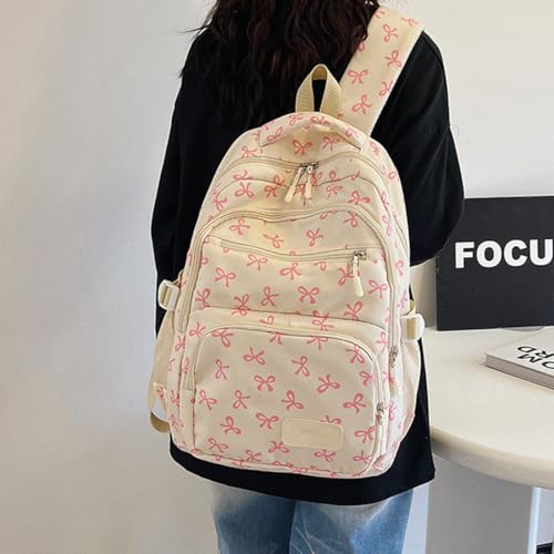 Bow Backpack for Girls, Trendy Nylon Rucksack, Cute Preppy Bag Floral Printed Kawaii Backpack 3 PCS Set (Pink)4