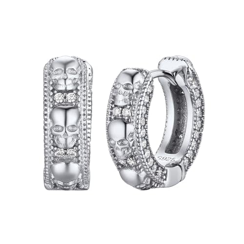Mens Hoop Earrings Cubic Zirconia Huggie Cartilage Cuff Round/Spike/Skull Sterling Silver Earrings, Hypoallergenic, Come with Box 03 Skull-Black