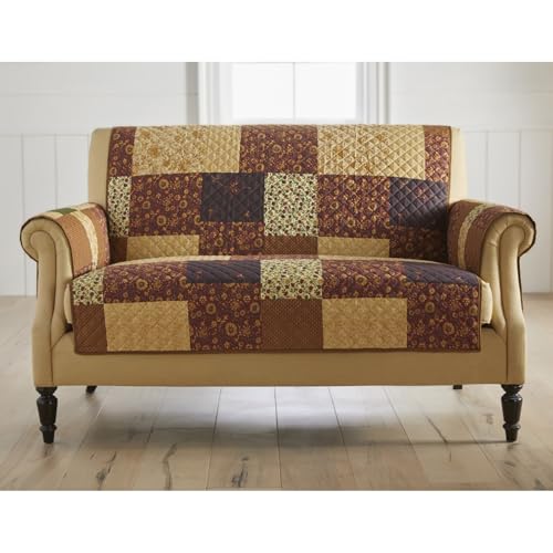 BrylaneHome Printed Faux Patchwork Loveseat Protector Slipcover, Brown Gold Multicolored