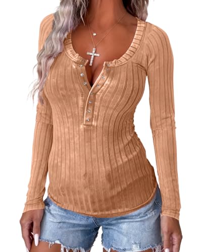 Image of APOFER Women Long Sleeve Tunics Ribbed Scoop Neck Tops Slim Henley Shirts