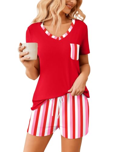 Image of Ekouaer Womens Pajama Sets Short Sleeve Pajamas for Women Sets Soft Lounge Sets Casual V Neck Sleepwear PJS
