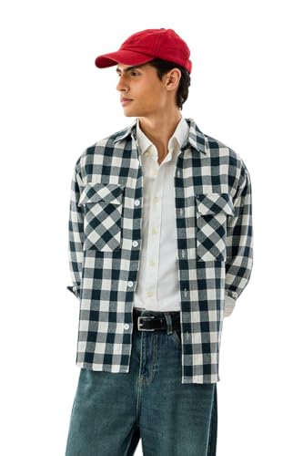 Image of SNITCH Men Shirt | Relaxed Fit Checkered Overshirt with Full Sleeve & Point Collar | Premium Cotton Blend Herringbone Weave Plaid Pattern Overshirt for Casual Layering & Style