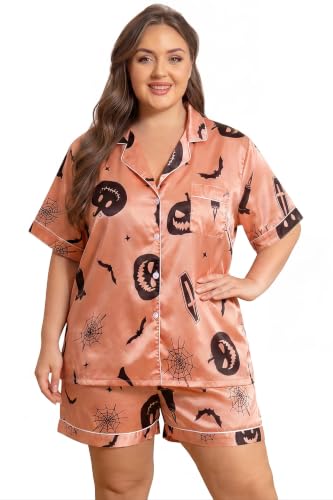 Image of Vozanet Women's Short Sleeve Satin Pajama Sets Silky Ladies Button Down Loungewear Plus Size Nighty Shorts Sets XL to 5XL