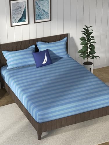 Image of NAUTICA Cotton King Bedsheet with 2 Pillow Covers -3pc Set (noridge) | 160TC | Super Soft Touch Stripe-Blue
