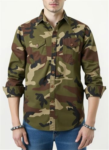PAODIKUAI Men Camouflage Denim Shirt Camo Washed Military Long Sleeve Shirts Casual Button Down Shirts4