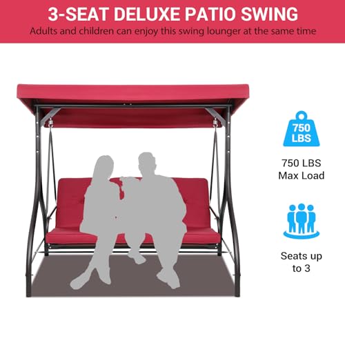 MAMIZO 3-Seat Outdoor Patio Swing, Porch Swings, Backrest Bench Sets, Glider Swing Bed Chair W/Adjustable Canopy, Thickened Removable Cushions, for Outside Backyard, Garden, 750LBS(Burgundy)