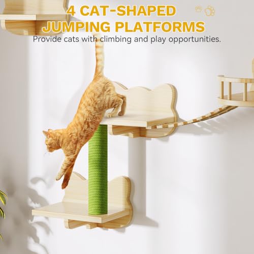 Image of DWVO Cat Wall Shelves and Perches for Wall, Solid Wood Wall Mounted Cat Furniture, Set of 15 Cats Climbing Shelves for Large Cats with Green Wall House & Fence, Steps, Bridge Ladder, Scratching Posts