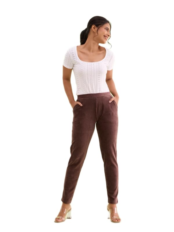 Image of GO COLORS Solid Corduroy Treggings for Women | Warmtech, Mid Rise, Side Pocket