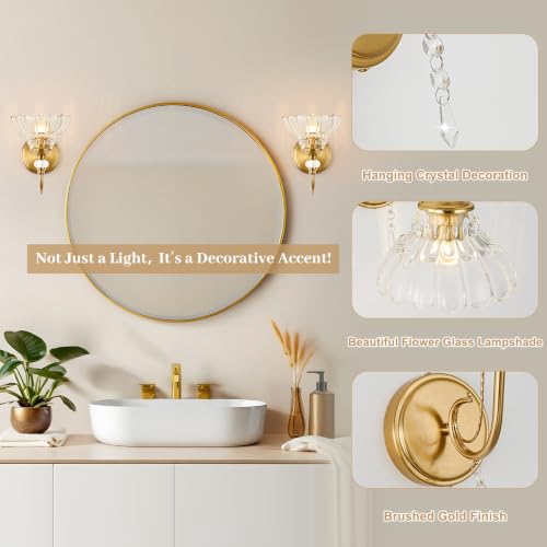 Image of 1 Piece Vintage Wall Sconce, 1-Light Brushed Gold Finish Wall Sconce with Hanging Crystal Accents and Flower-Shaped Clear Shades for Bathroom Bedroom Living Room,Vintage Vanity Light