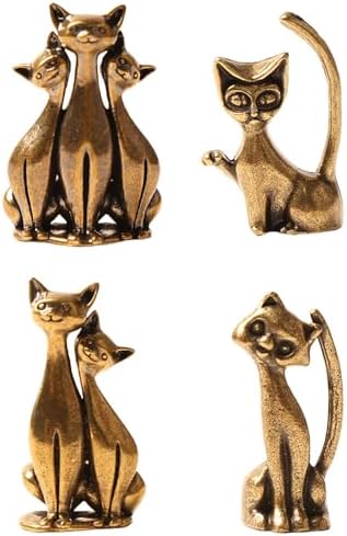 Acxico 4Pcs Charming Brass Cartoon Cat Statues, Whimsical Home Decor Art with Intricate Design - Collectible Figurines for Animal Lovers, Desktop & Shelf Display image 2