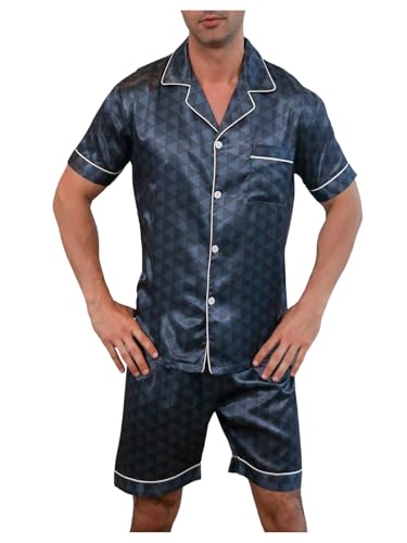 Men's 2 Piece Satin Pajama Set Triangular Printed Short Sleeve Button Down Shorts Pjs Sleepwear