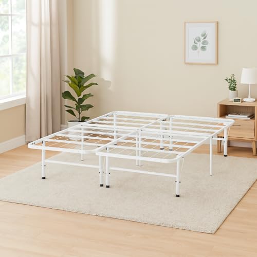 Naomi Home Foldable Queen Metal Bed Frame with 13-Inch Underbed Storage, Fully Assembled Steel Platform No Box Spring Needed, Squeak-Free 600 lb Capacity for Stress-Free Setup and Small Spaces, White