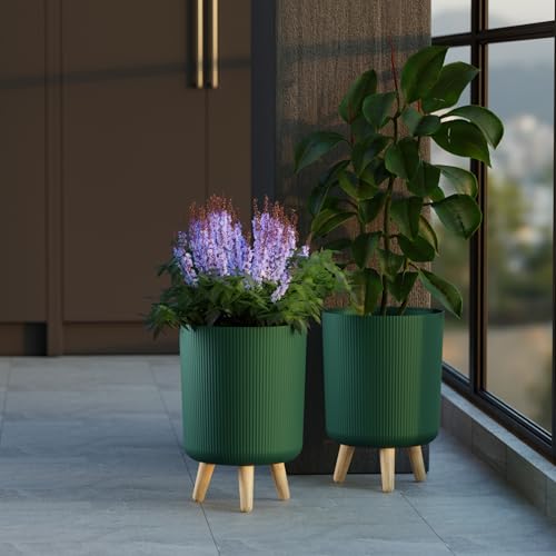 Image of StyleX Store Modern White Flower Pot with Plastic Legs | Indoor Outdoor Planter for Home Garden Balcony Decor Ribbed Design Sturdy Plastic Mid-Century Style (Green Pack of 2)
