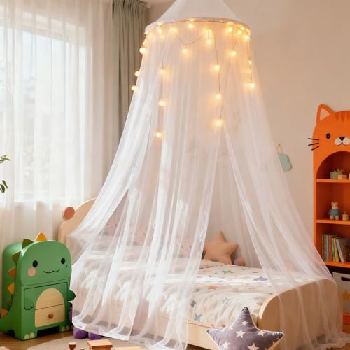 Wnqou Princess White Bed Canopy with Lights for Girls Bed