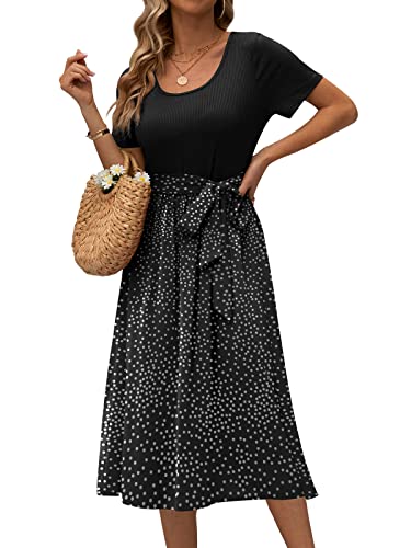 Db Moon 2023 Womens Summer Casual Short Sleeve Midi Dress Tie Waist Work Business Modest Dresses L, Black Polka Dots #TOP1