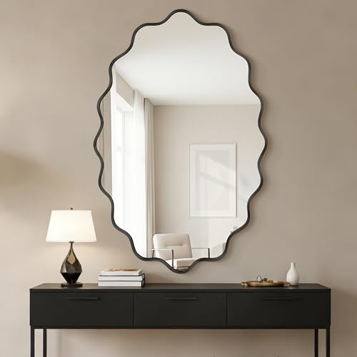Fahomiss Espejo de Pared Asimétrico en Dorado/Negro – Espejo Abstracto con Marco de Aluminio Antirrotura y Forma Ondulada para Baño, Dormitorio, Vestidor y Entrada (Negro, 90l x 60an cm)