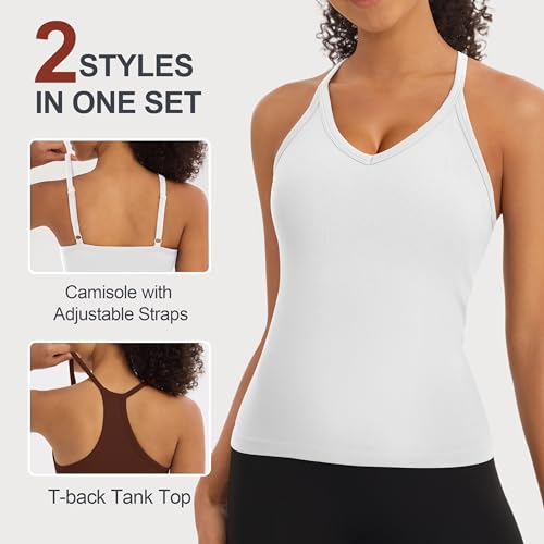 Missclub Built in Bra Workout Tops for Women Stretchy Breathable Sleeveless Yoga Gym Shirts Hip Length Brown White — view 4