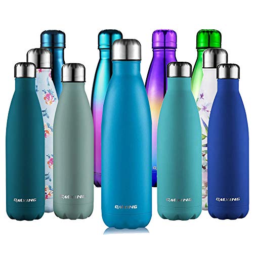 cmxing Doppelwandige Thermosflasche 500 mL / 750 mL mit Tasche BPA-Frei Edelstahl Trinkflasche Vakuum Isolierflasche (Gummi blau, 500 mL)