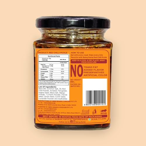 Image of Being Bania Stuffed Red Chilli Pickle - 100% Natural | No preservatives | Bharwa mirch ka achar | 250g in Jar | Fresh Pickles | Lal Mirchi