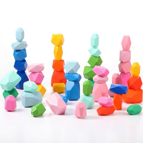Jenaai 60 Pcs Stacking Rocks Montessori Toys for 1+ Year Old Colorful Wooden Balance Stones Baby Easter Basket Stuffers Blocks Sensory Games Preschool Learning Educational Puzzle Toys(Gradient Color)