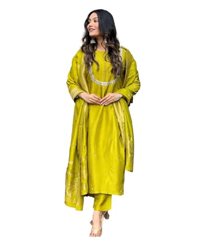 Image of Yashika Women's Silk Blend Jacquard Kurta and Pant with Dupatta Set and Khatali Work Suitable For Every Indian Occasion