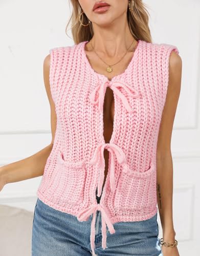 Image of Trendy Cardigan Sweater Vest Crochet Knit Top Sleeveless Bows with Pockets