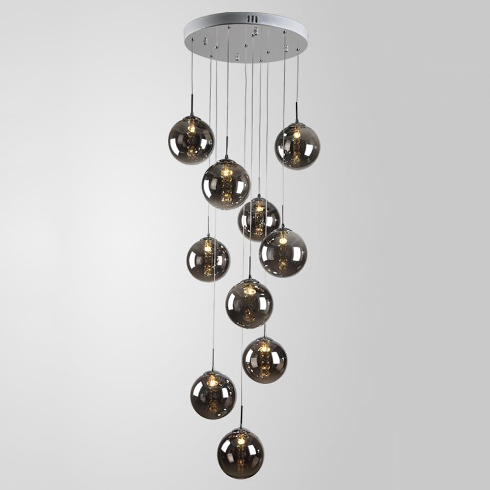 Lampadario a Sospensione Lungo in Vetro con Sfere di Vetro, Stile Nordico di Lusso, Colore Ambra, Stile Industriale/Rustico, Rotondo, con Bolle di Cristallo, Ideale per soffitti al